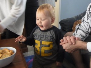 And he spies some crackers that he can eat himself