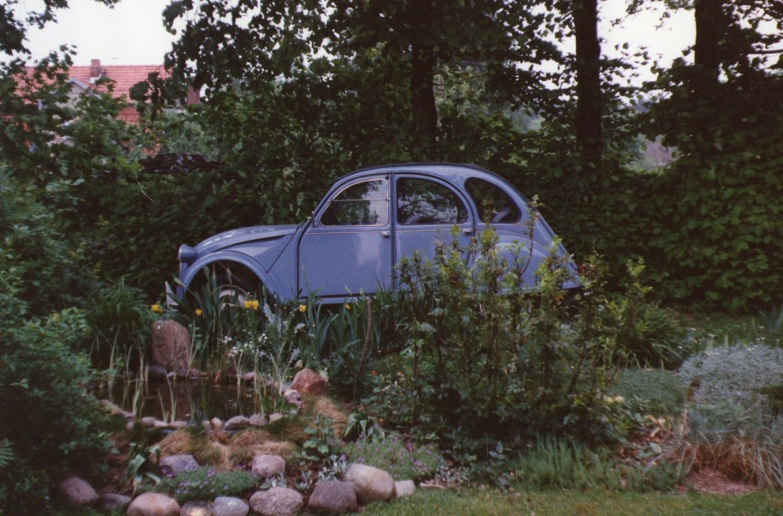 Doesn't our 2CV look great  surrounded by Ingrid's garden? I think you can see where the side-flap on the side window in the front opens up! 