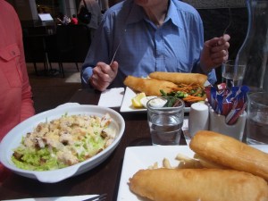 Caroline had a salad and Peter and I had beer battered fish and chips.