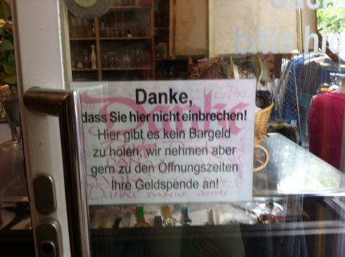 This sign we saw outside a charity shop in Rubensstrasse.